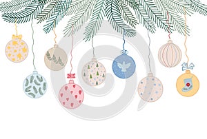 Christmas tree decorations garland, baubles hanging on ribbons on fir tree branches, winter holidays