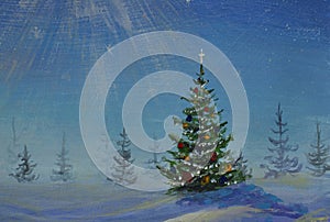 Christmas tree with decorations and gifts in sunny forest acrylic painting