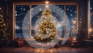 christmas tree and decorations highly intricately detailed Christmas Fir Tree On Wooden Background With Snowflakes