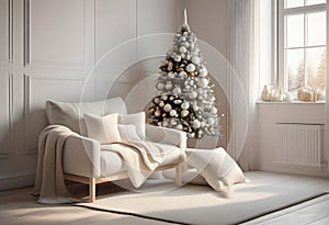 Christmas tree with decorations in living room. Interior design.