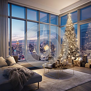 Christmas tree with decorations in the living room with panoramic window of New York City. New Year's Eve.