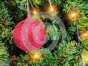 Christmas tree decorations with red crystal ball. New year and Xâ€™mas concept