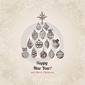 Christmas tree decorations set handdrawn style postcard template