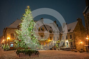 Christmas tree decorations, snowy night, Place Royale, old Quebec City, Canada