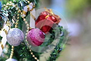 Christmas tree with decorations on a special background blur