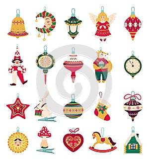 Christmas tree decorations and toys, xmas balls with ornaments. Cute winter holiday hanging decoration, retro new year