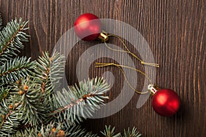 Christmas Tree and decorations on wooden background