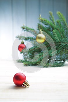 Christmas Tree and decorations on wooden background