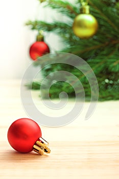 Christmas Tree and decorations on wooden background