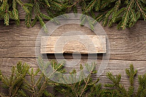 Christmas Tree and decorations on wooden background