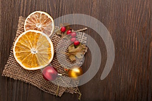 Christmas Tree and decorations on wooden background