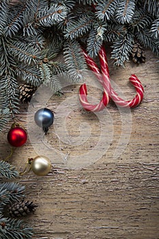 Christmas Tree and decorations on wooden background copy space f