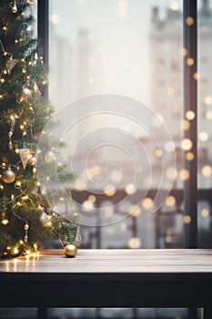 Christmas tree and decorations on a wooden table in front of a window