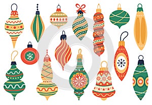 Christmas tree decorations. Xmas holidays fur tree toys, cute xmas vintage elements vector illustration set. Hand drawn