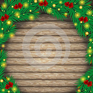 Christmas tree, and decorative elements on background of boards