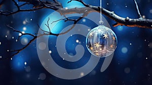 Christmas tree decorative ornaments ball Hanging Fir Branch bokeh background. Merry Xmas decoration. Happy New Year