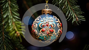 Christmas tree decorative ornaments ball Hanging Fir Branch bokeh background. Merry Xmas decoration. Happy New Year