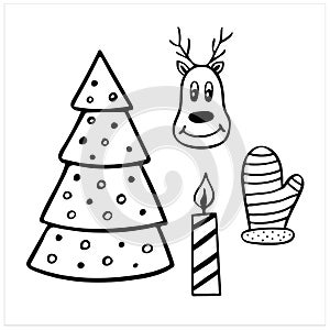 Christmas tree and deer and candle and mitten, set of simple hand drawn vector illustrations in doodle style