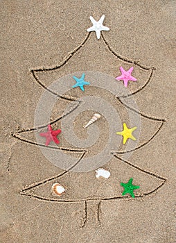 Christmas tree design with starfish in sand