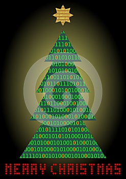 Christmas tree, digital designed christmas card. Binar code in christmas tree silhouette and diod inscription Merry