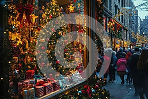 Christmas Tree Display in Storefront Window with Festive Decorations