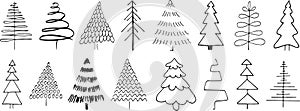 Christmas tree doodle outline vector icons set