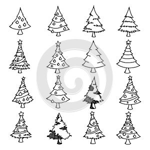 Christmas tree Doodle vector icon set. Drawing sketch illustration hand drawn line eps10