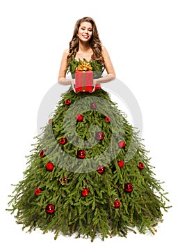 Christmas Tree Dress, Fashion Woman with Present Gift, White