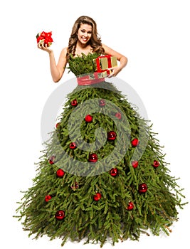 Christmas Tree Dress, Fashion Woman with Present Gifts, White