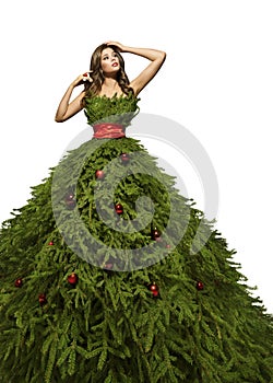Christmas Tree Dress, Woman Posing Xmas Fashion Model Gown