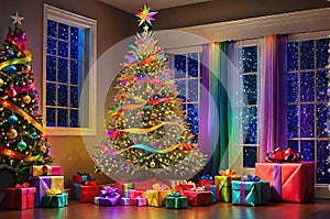 Christmas Tree Embraced with Rainbow Hues: Strands of Colored Lights Intertwining Among the Branches