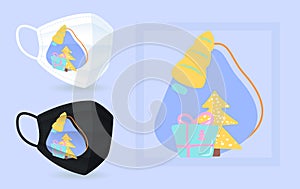 Christmas tree on face mask mockup with abstract element layout