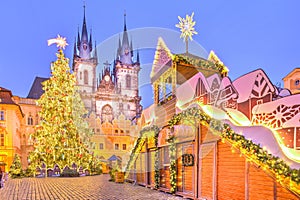 Christmas tree and fairy tale Church of our Lady Tyn, Prague, Czech Republic.