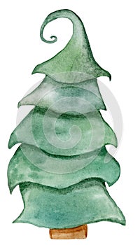 Christmas tree. Fancy spruce. Conifer tree. Isolated on white. Abstract hand-drawn watercolor element