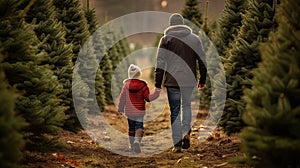 Christmas tree farm, dad and son walk along alley of fir trees. Generative AI