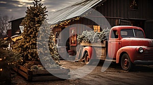 Christmas Tree Farm Pick-up Truck Carrying A Christmas Tree Parked Outside Decorated Barn. Generative AI