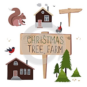 Christmas tree farm. Set of objects