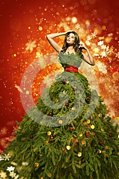 Christmas Tree Fashion Dress, Woman Art Xmas Gown, New Year Girl