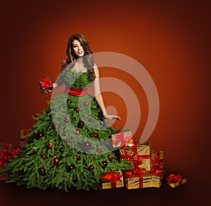 Christmas Tree Fashion Woman Dress, Model Girl, Red Presents