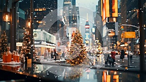 Christmas tree on festive city street in New York urban life ,people walk ,car traffic light view from street