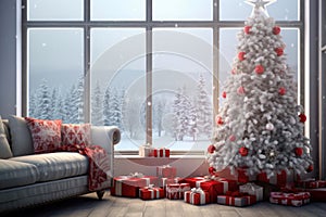 Christmas tree and festive gifts in light living room, big window with view on snowy forest