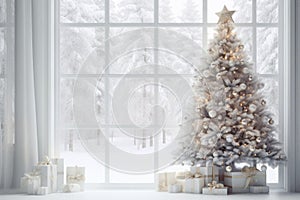 Christmas tree and festive gifts in white living room, big window with view on snowy forest