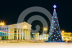 Christmas Tree And Festive Illumination On Lenin photo