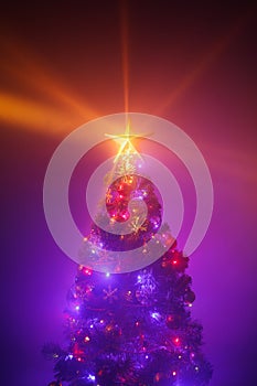 Christmas tree with festive lights, purple background with mist