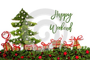 Christmas Tree, Fir Branch, Gifts, Red And Silver Stars, Text Happy Weekend