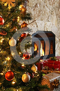 Christmas tree and fireplace