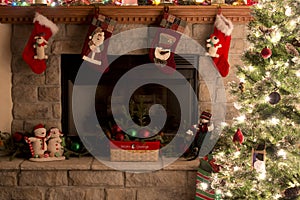 Christmas Tree And Fireplace With Christmas Stockings