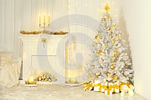 Christmas Tree and Fireplace, Gold Color Decorated Room Interior