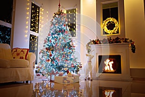 Christmas tree and fireplace in living room