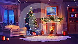 Christmas tree, fireplace, and sofa in living room at night. Modern illustration of home interior with silver balls with